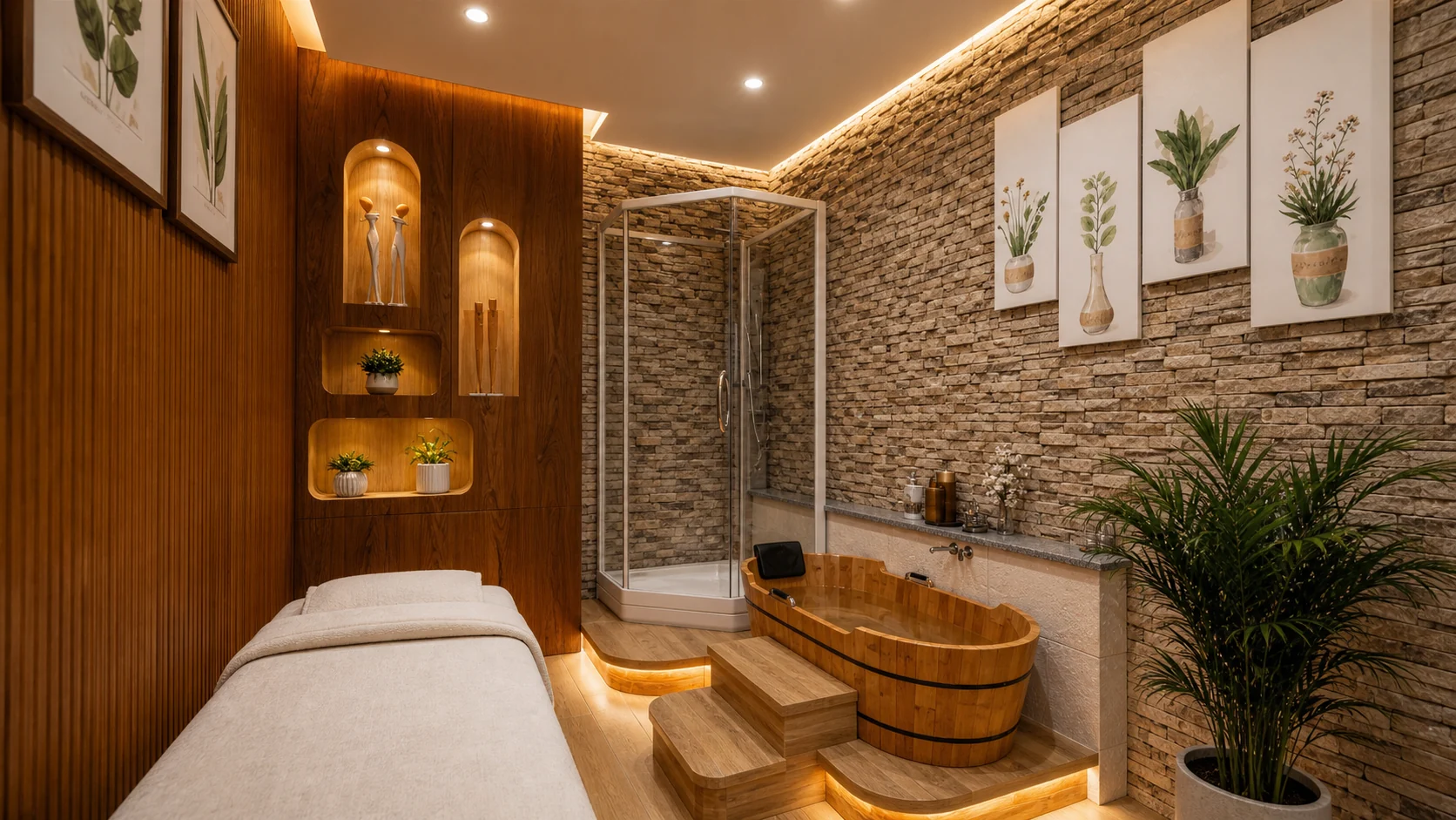 Photorealistic design visualization of a private Lum medicinal bathing room with a wooden soaking tub and glass shower