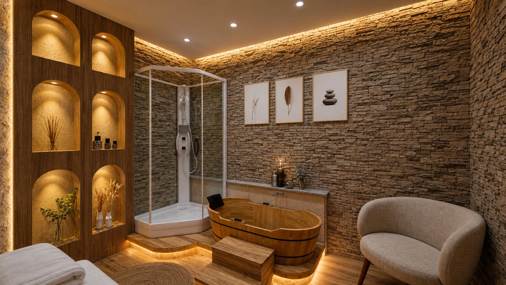 Photorealistic design visualization of a private stone-lined Lum medicinal bathing room with illuminated niches