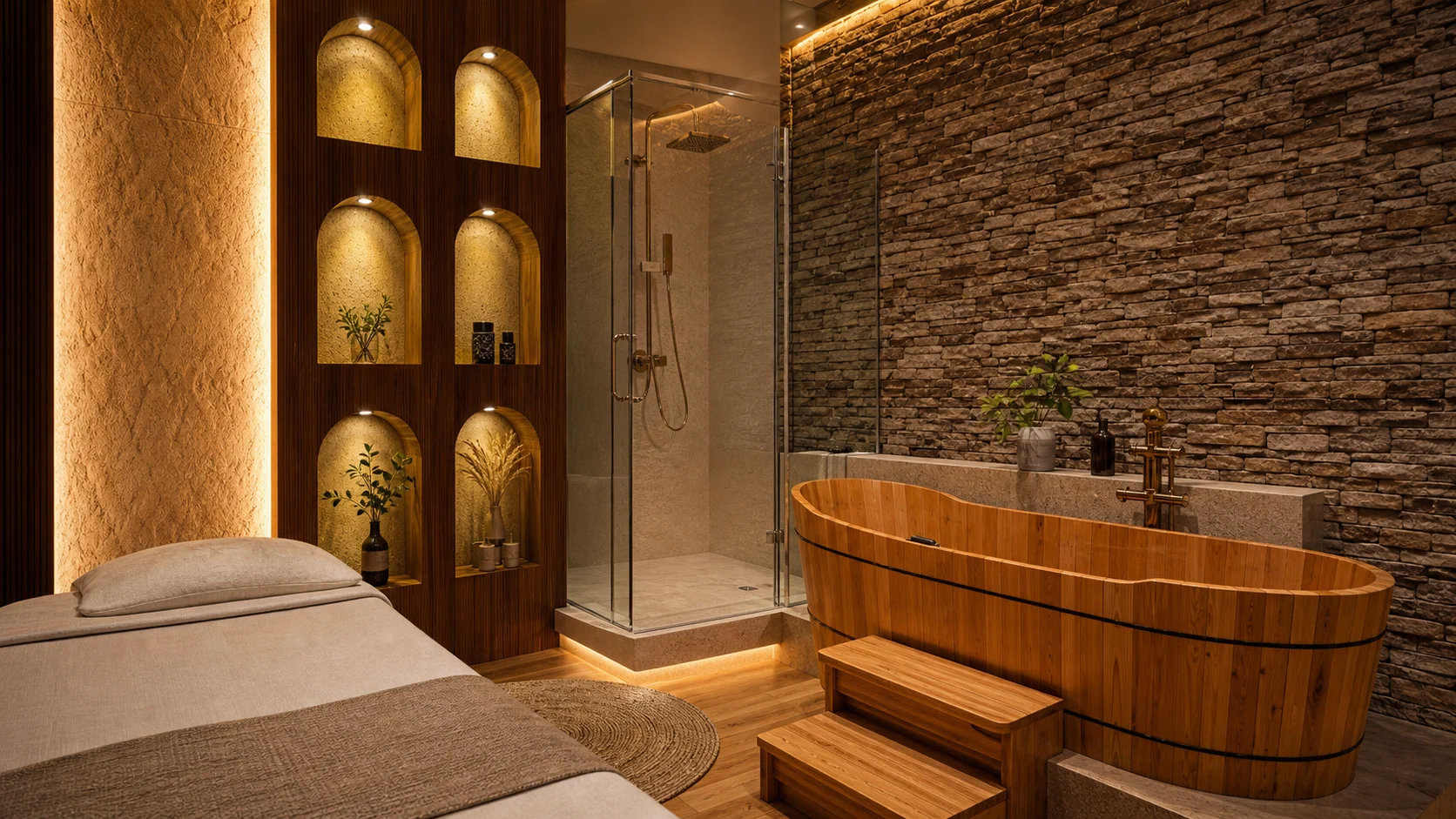 A private Kalpavriksha Lum medicinal bathing room with a handcrafted wooden immersion tub, natural stone, warm timber, and a private shower