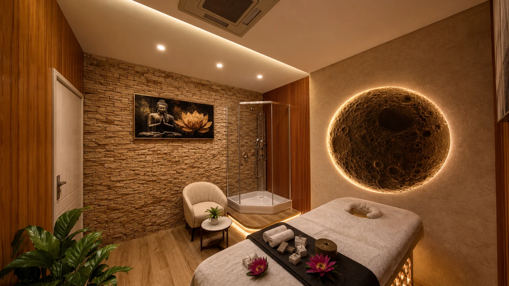A private Kalpavriksha Ku Nye massage room with warm timber, soft lighting, and a circular wall feature