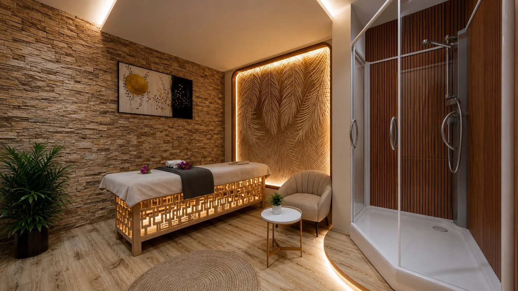 Photorealistic design visualization of a massage room with a backlit botanical relief and private shower